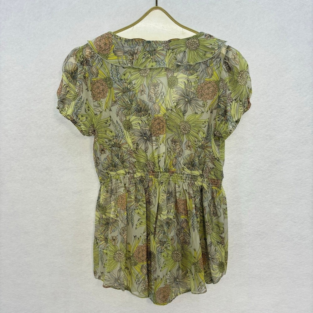 Odille Anthropologie Silk Floral Ruffle Blouse Womens Size 2 Green Boho Feminine - Picture 2 of 9